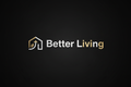 Create a premium minimalist default logo for a brand named “Better Living”.
Format: horizontal layout (wide).
Style: modern, elegant, premium, suitable for an Indian lifestyle and utility brand.
Background: deep matte black.
Text color: soft white or muted gold.
Typography: clean sans-serif font, slightly bold, well-spaced letters.
Icon: a simple abstract symbol representing better life, improvement, comfort (minimal house outline / upward line / subtle leaf).
Layout: icon on the left, brand name on the rig